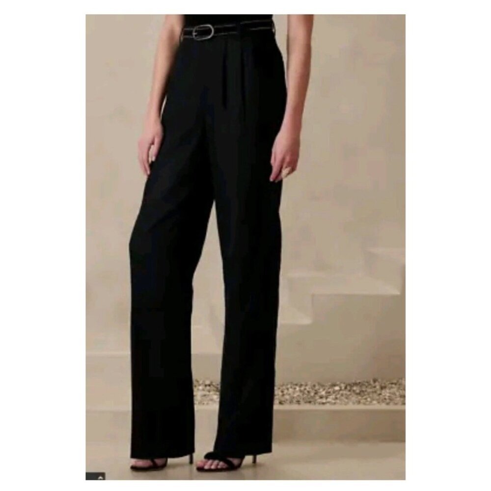 Banana Republic Size 12 Black Palma Pleated Straight Leg Linen Pant #579857